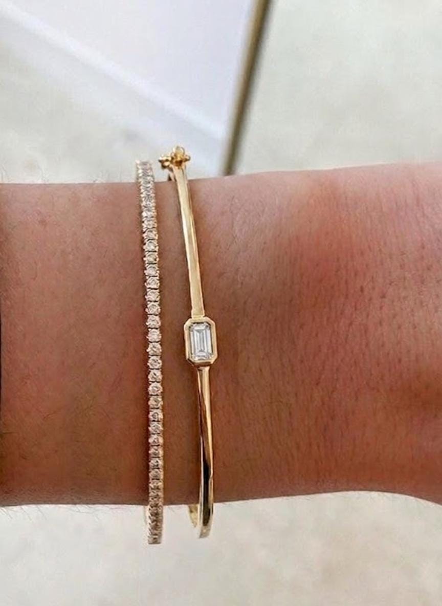 14K Gold Solitaire Bracelet, Emerald Shape Solitaire Bangle, Diamond Bangle Bracelet, Emerald Bracelet Bangle, Hinged Gold Bangle