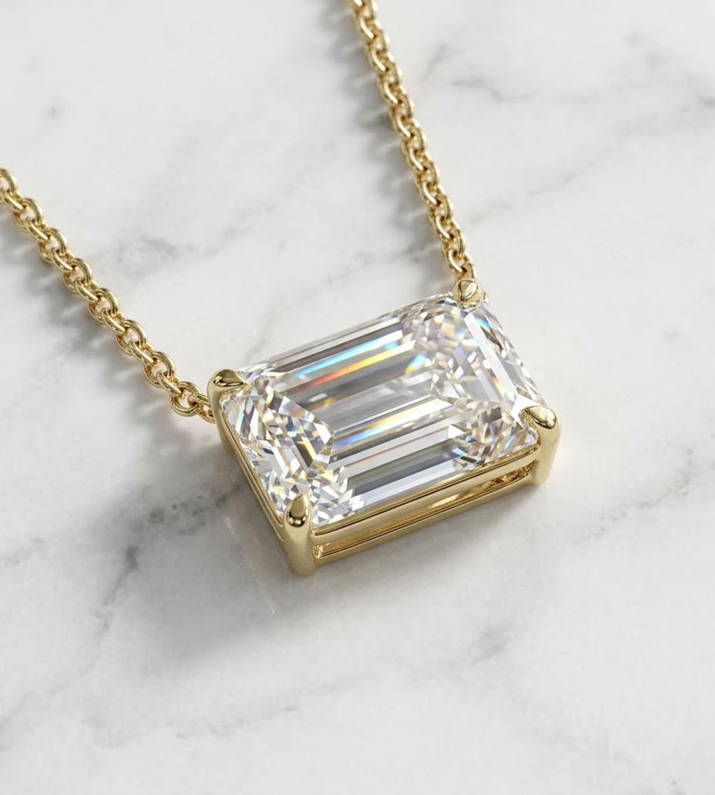 Emerald Cut Moissanite Pendant Necklace: 1.00 Ct To 4.00 Solitaire Moissanite Look Gold Chain, Minimalist Jewelry, Gift for Her