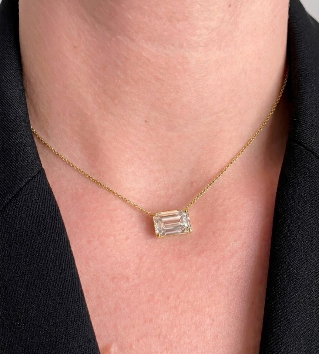 Emerald Cut Moissanite Pendant Necklace: 1.00 Ct To 4.00 Solitaire Moissanite Look Gold Chain, Minimalist Jewelry, Gift for Her