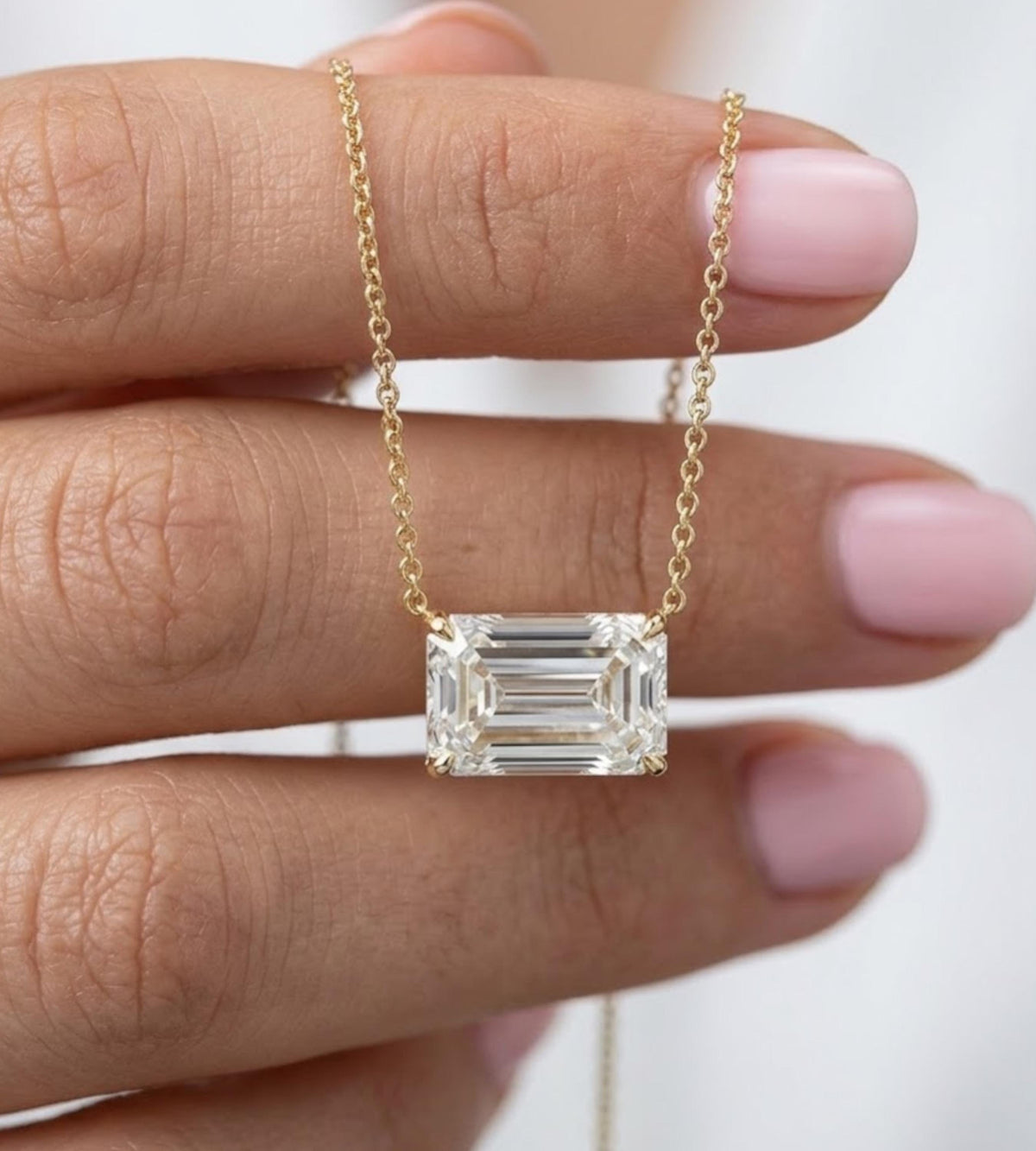 Emerald Cut Moissanite Pendant Necklace: 1.00 Ct To 4.00 Solitaire Moissanite Look Gold Chain, Minimalist Jewelry, Gift for Her