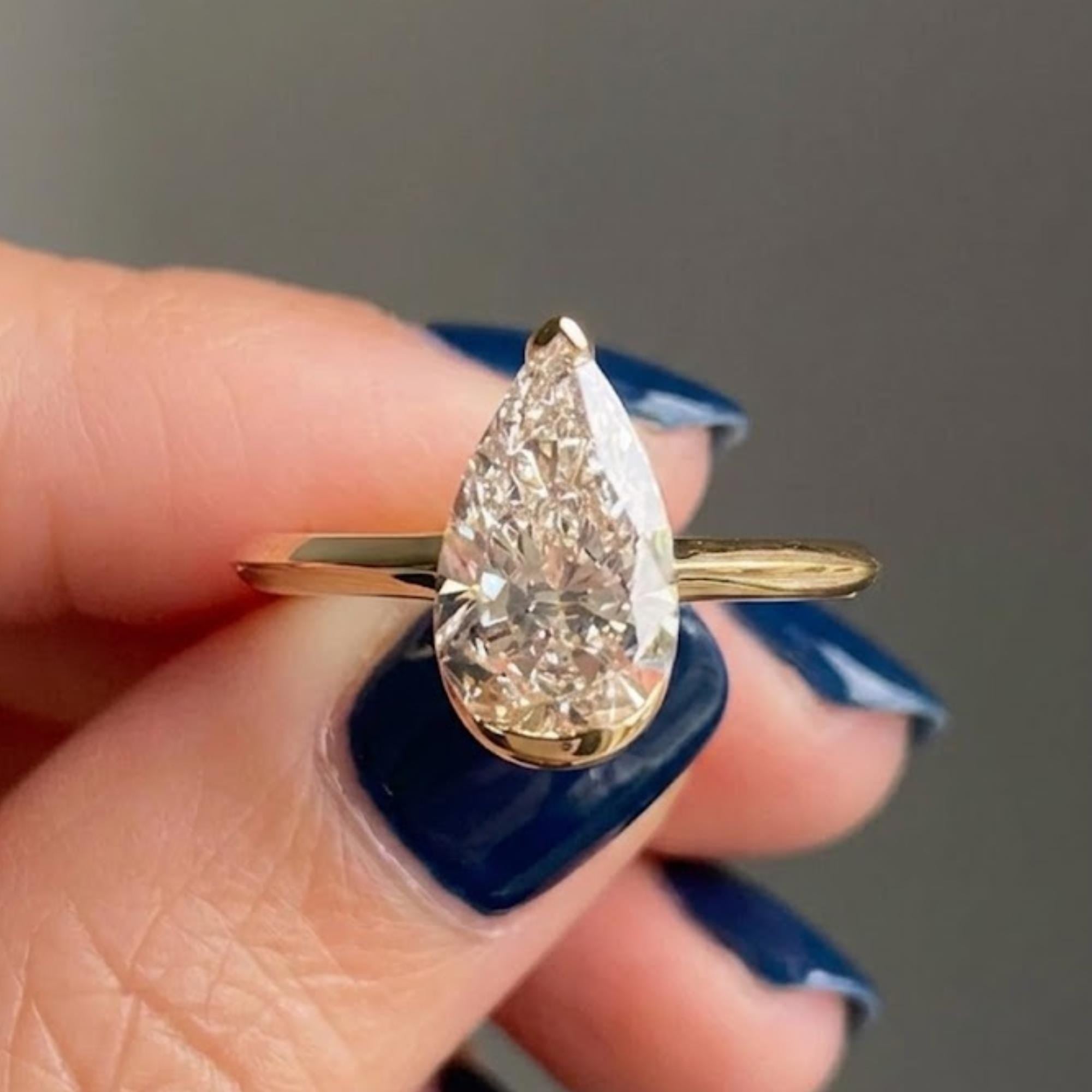 3 Carat Pear Cut Moissanite Ring, D+ VVS1 Solitaire Engagement Ring, Bezel Set Teardrop Ring, 925 Silver / 14K Gold Promise Ring for Women
