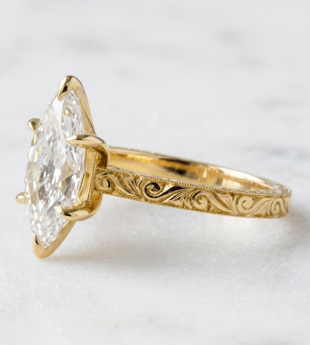 Marquise Cut Moissanite Ring Vintage Moissanite Engagement Ring Solid Gold Unique Classic Solitaire Engagement Ring Filigree Hand Carved