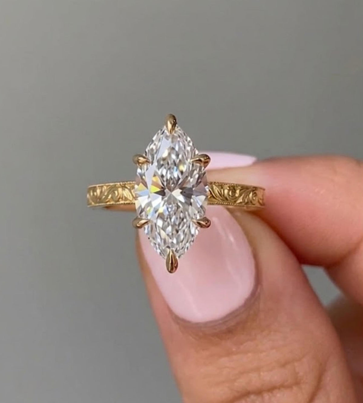 Marquise Cut Moissanite Ring Vintage Moissanite Engagement Ring Solid Gold Unique Classic Solitaire Engagement Ring Filigree Hand Carved