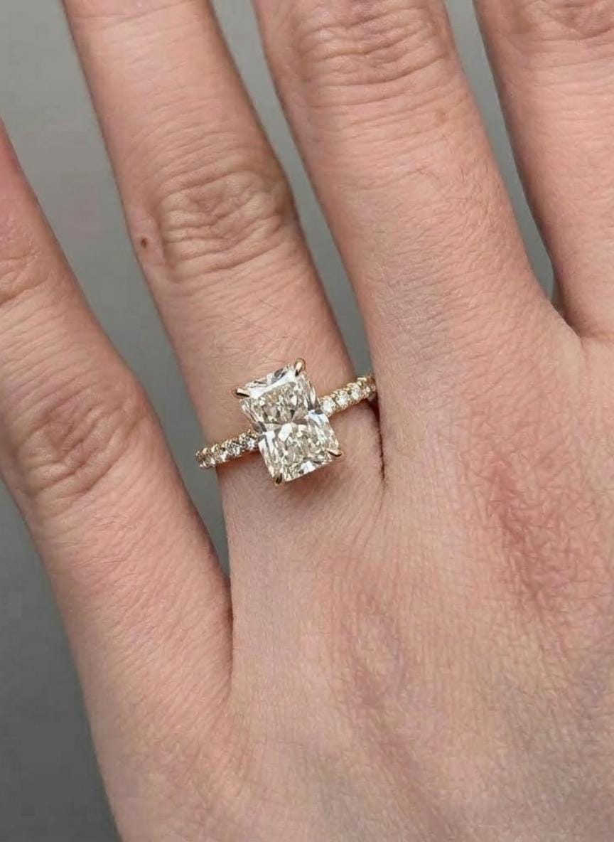 3.00Ct Radiant Cut Lab Grown Diamond or Moissanite Engagement Ring, Hidden Halo, Pavé Band, 14k Gold