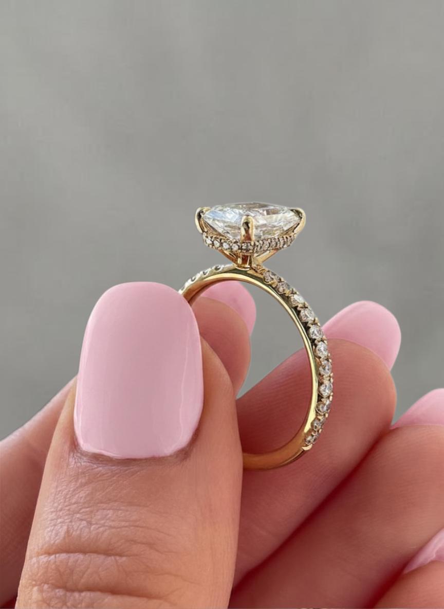 3.00Ct Radiant Cut Lab Grown Diamond or Moissanite Engagement Ring, Hidden Halo, Pavé Band, 14k Gold