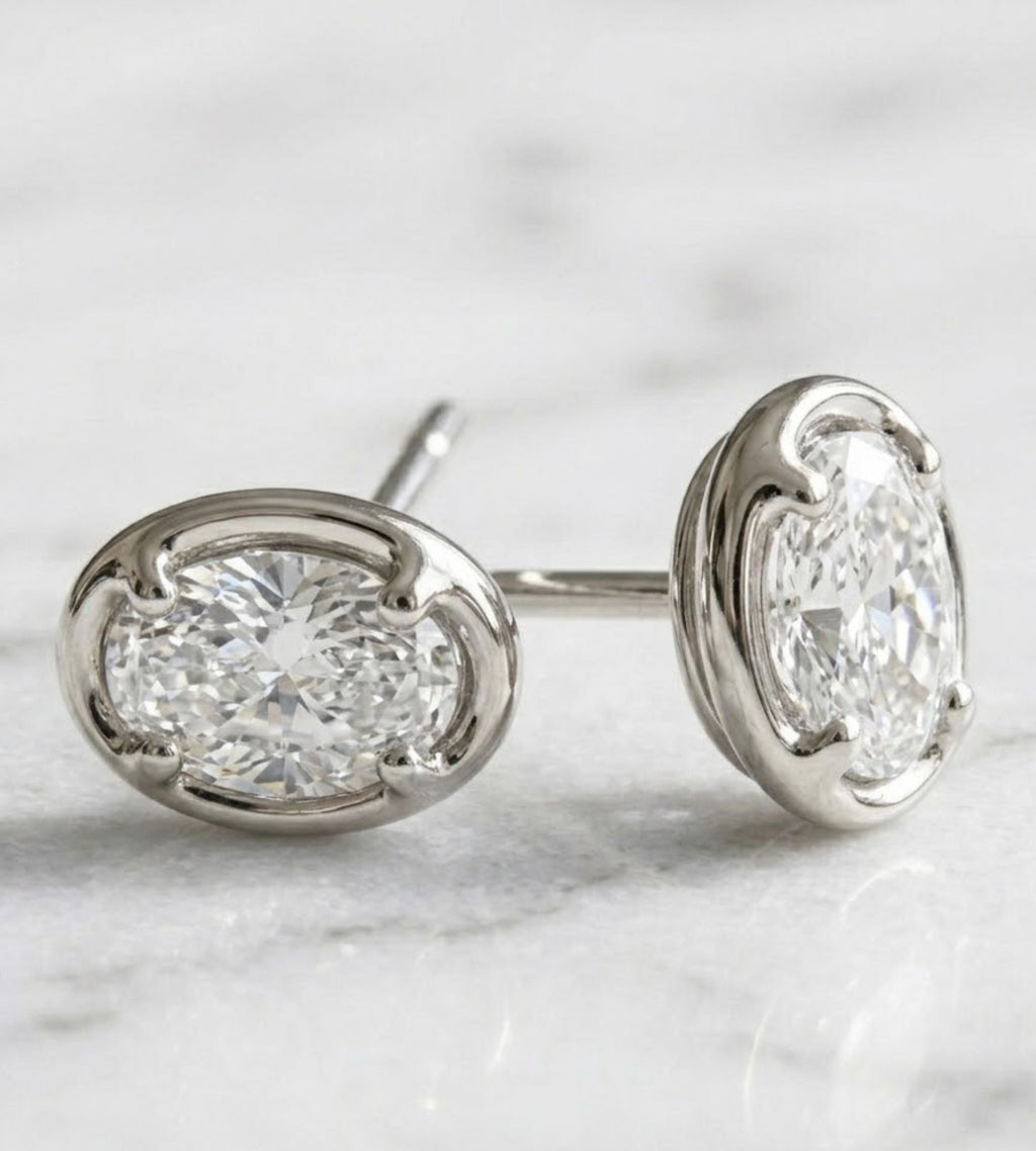 Oval Moissanite Stud Earrings, 14K Gold Sterling Silver | White or Yellow gold