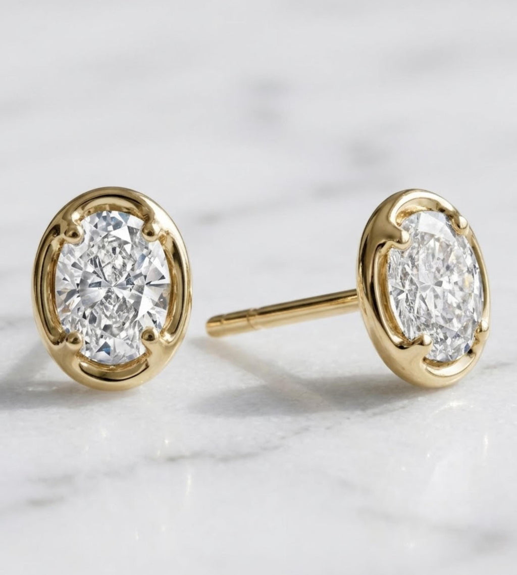 Oval Moissanite Stud Earrings, 14K Gold Sterling Silver | White or Yellow gold