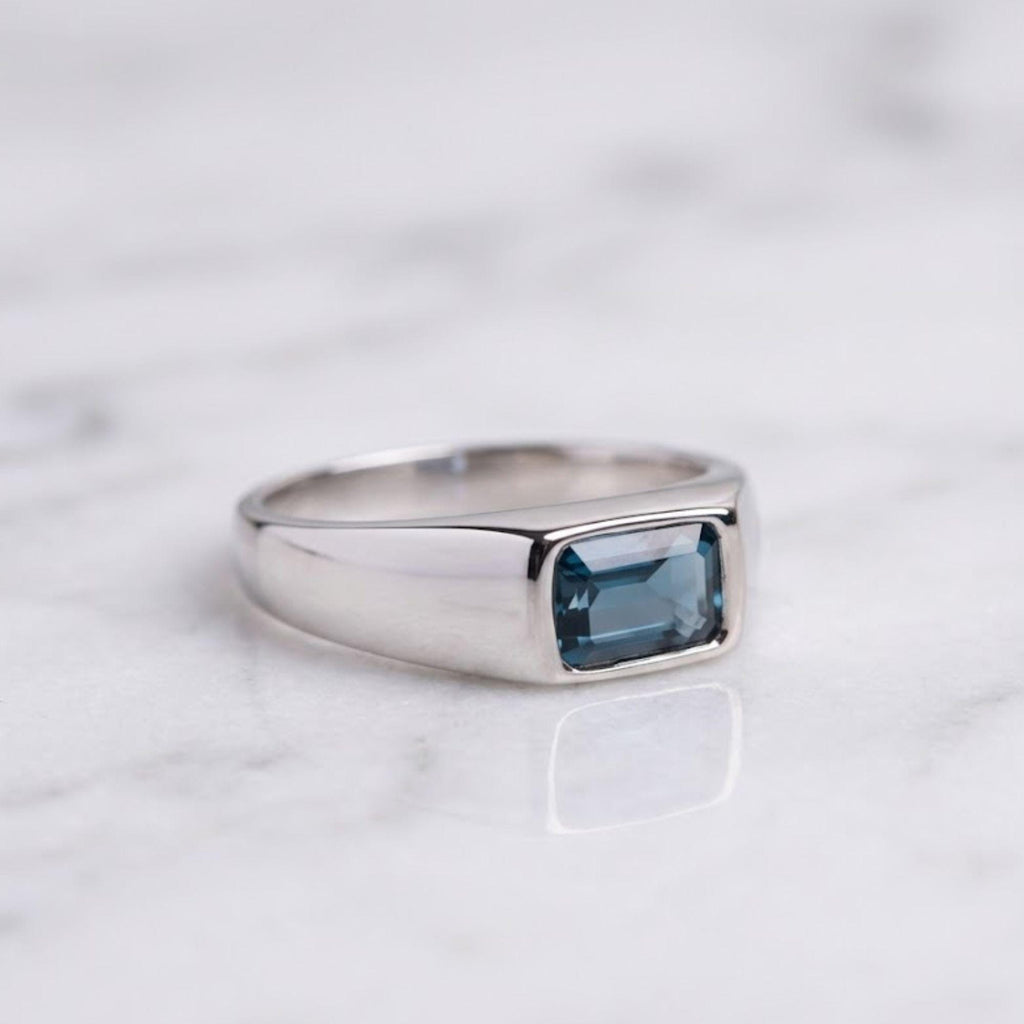 Emerald Cut Blue Sapphire Mens Teal Sapphire Mens Wedding Band Diamond Moon Star Inner Engraved Band Anniversary Gift For Him