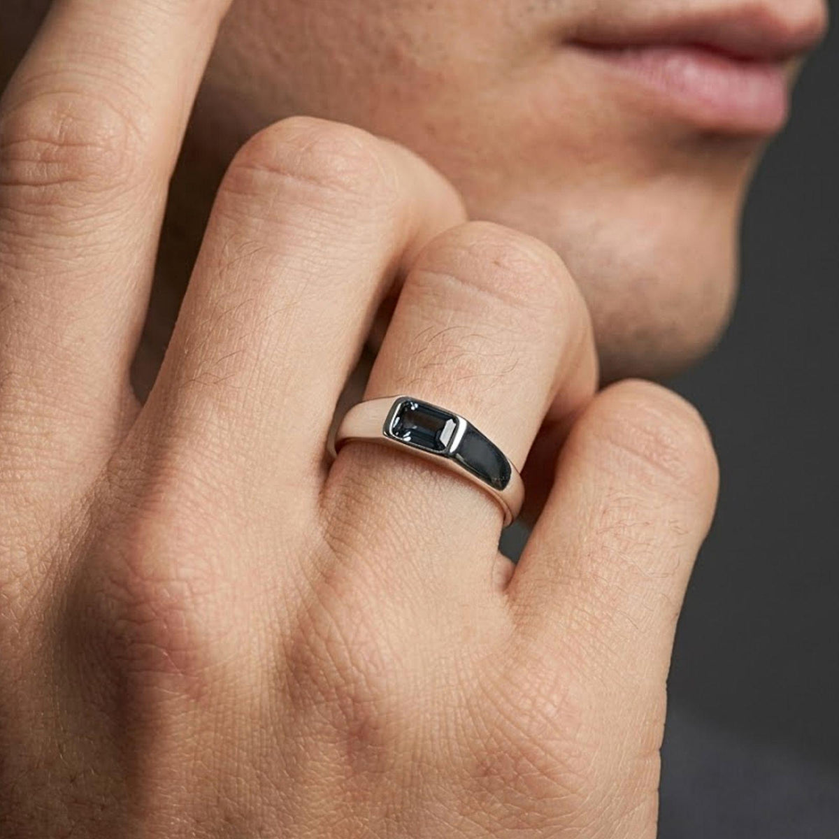 Emerald Cut Blue Sapphire Mens Teal Sapphire Mens Wedding Band Diamond Moon Star Inner Engraved Band Anniversary Gift For Him