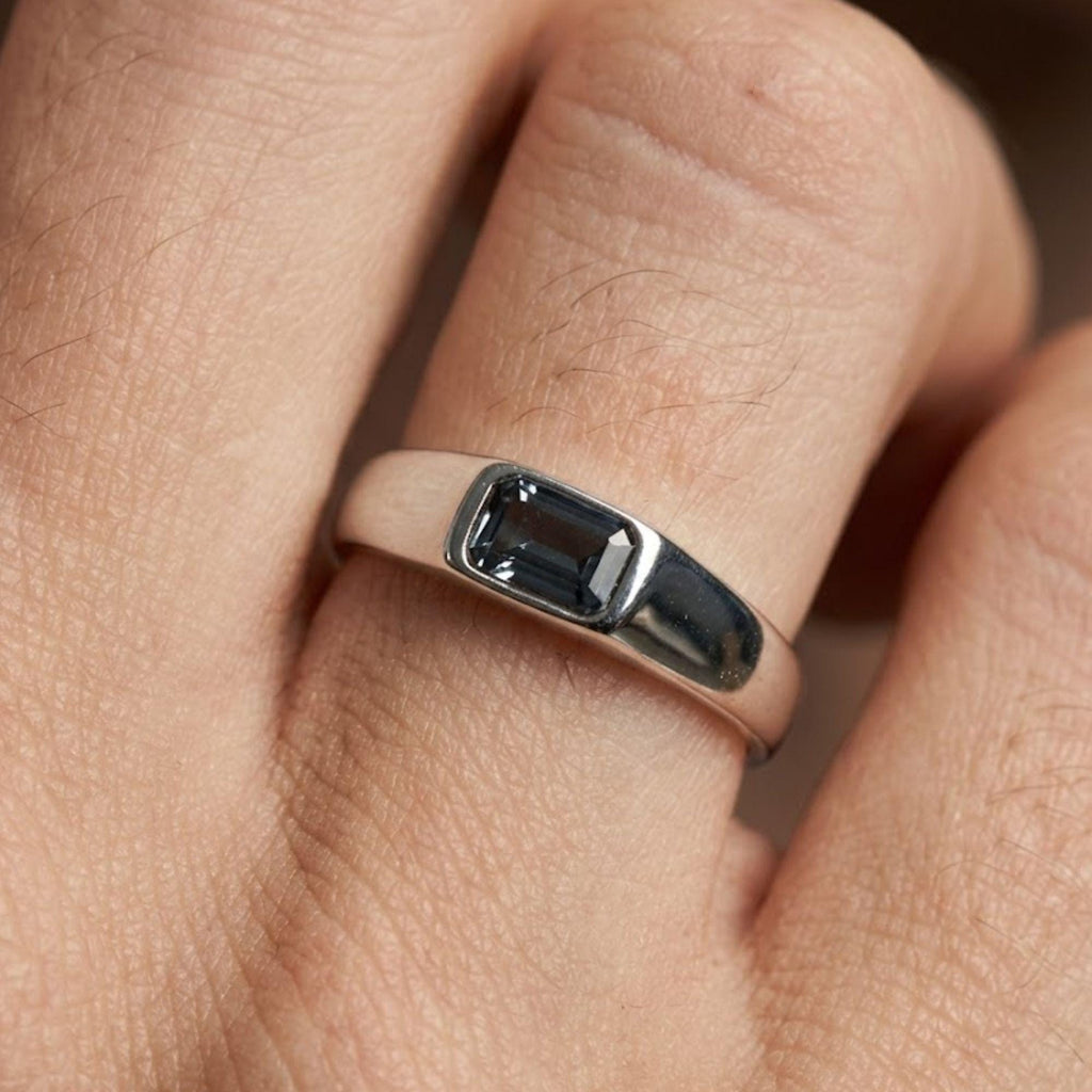 Emerald Cut Blue Sapphire Mens Teal Sapphire Mens Wedding Band Diamond Moon Star Inner Engraved Band Anniversary Gift For Him
