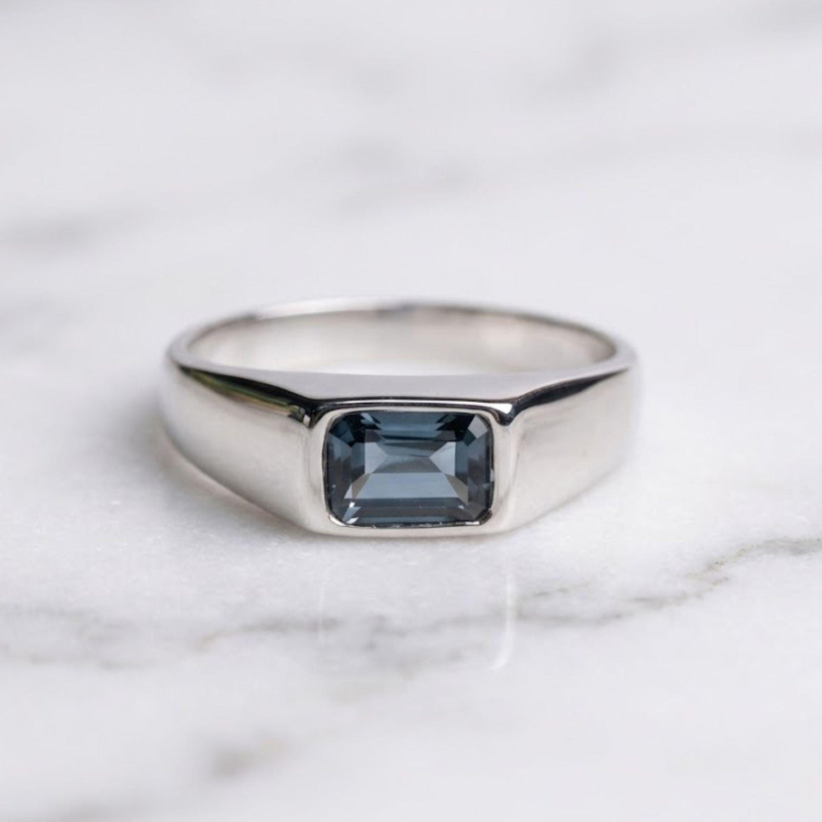 Emerald Cut Blue Sapphire Mens Teal Sapphire Mens Wedding Band Diamond Moon Star Inner Engraved Band Anniversary Gift For Him