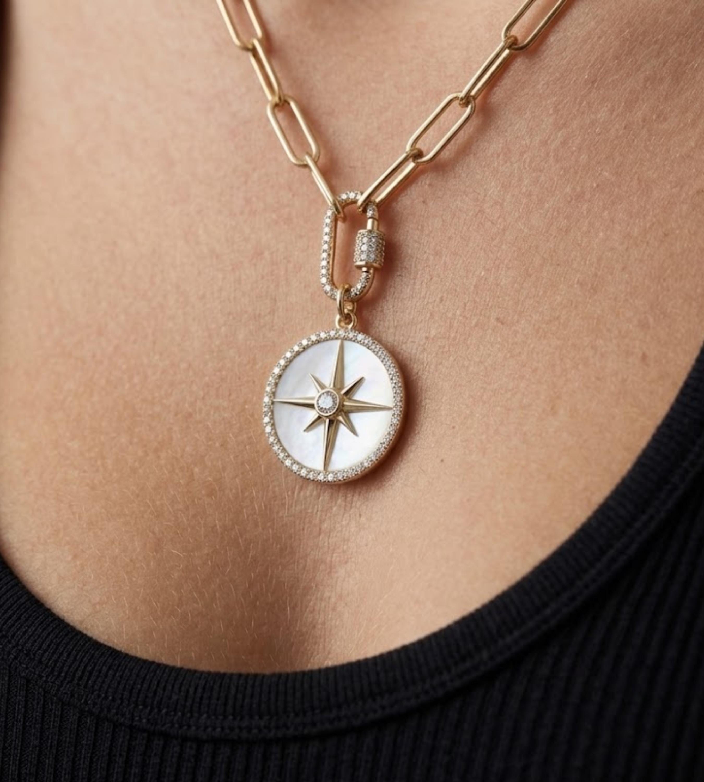 Compass Pendant Necklace, North Star Moissanite Necklace, 14K Gold Mother of Pearl Medallion, Minimalist Luxury Necklace, Gift for Her