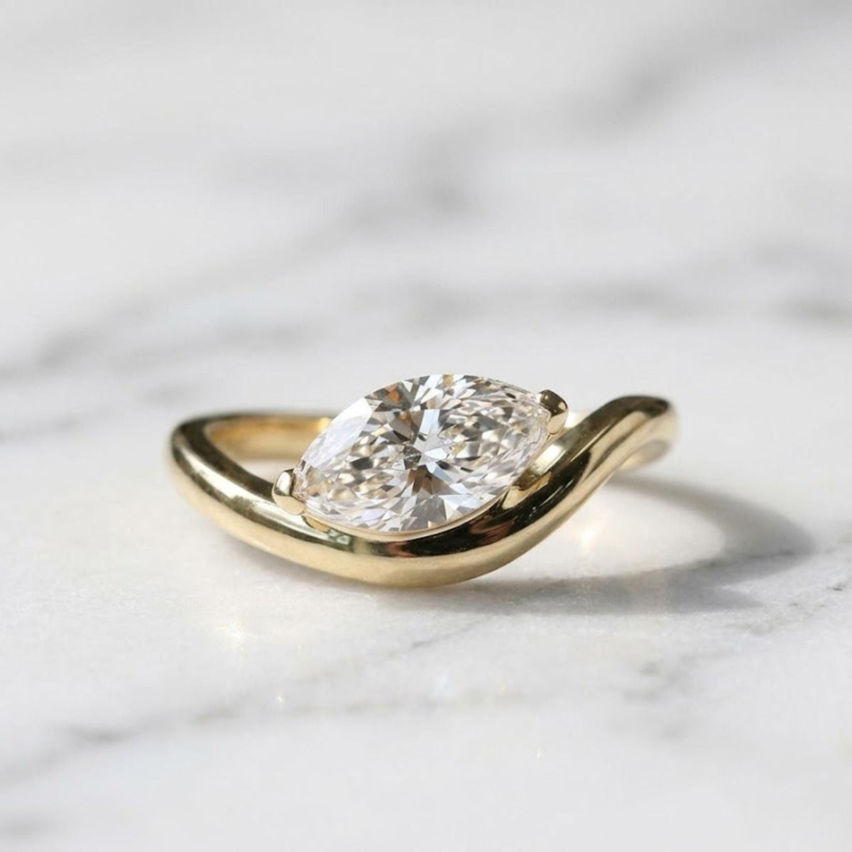 Marquise Cut Moissanite Solitaire Engagement Ring, Thick Curved Band Anniversary Ring, East West Set Marquise Ring, Floating Basket Ring