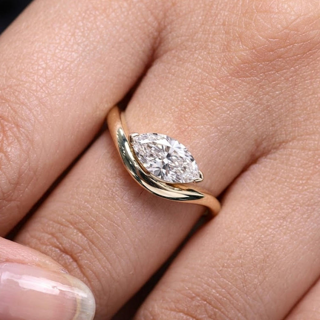 Marquise Cut Moissanite Solitaire Engagement Ring, Thick Curved Band Anniversary Ring, East West Set Marquise Ring, Floating Basket Ring