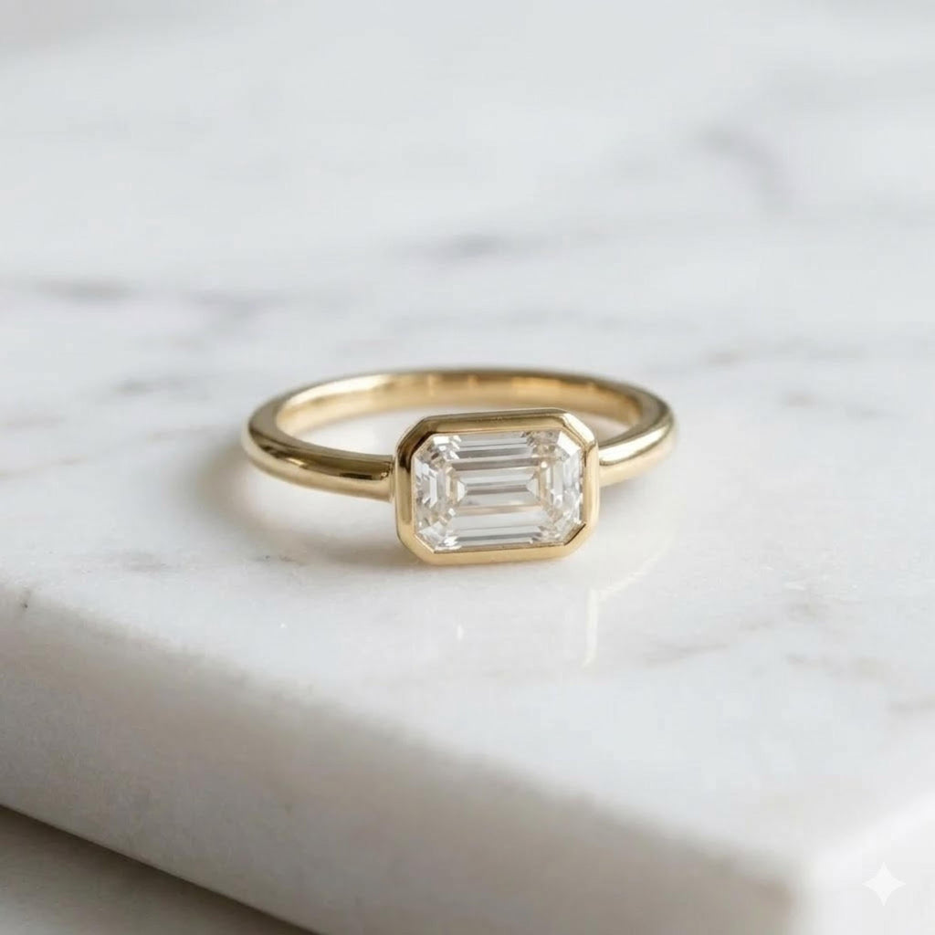 East West Emerald Cut Moissanite Ring, 1.5 CT Solitaire Engagement Ring, Half Bezel Gold Ring, Minimalist Wedding Ring, Promise Ring Gift