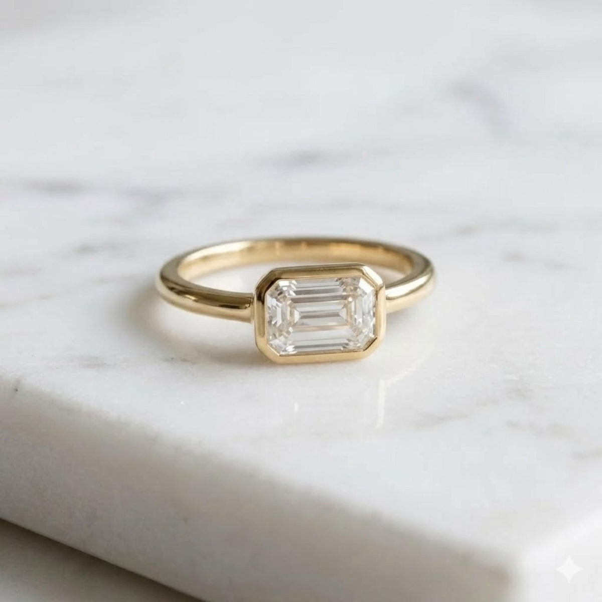East West Emerald Cut Moissanite Ring, 1.5 CT Solitaire Engagement Ring, Half Bezel Gold Ring, Minimalist Wedding Ring, Promise Ring Gift