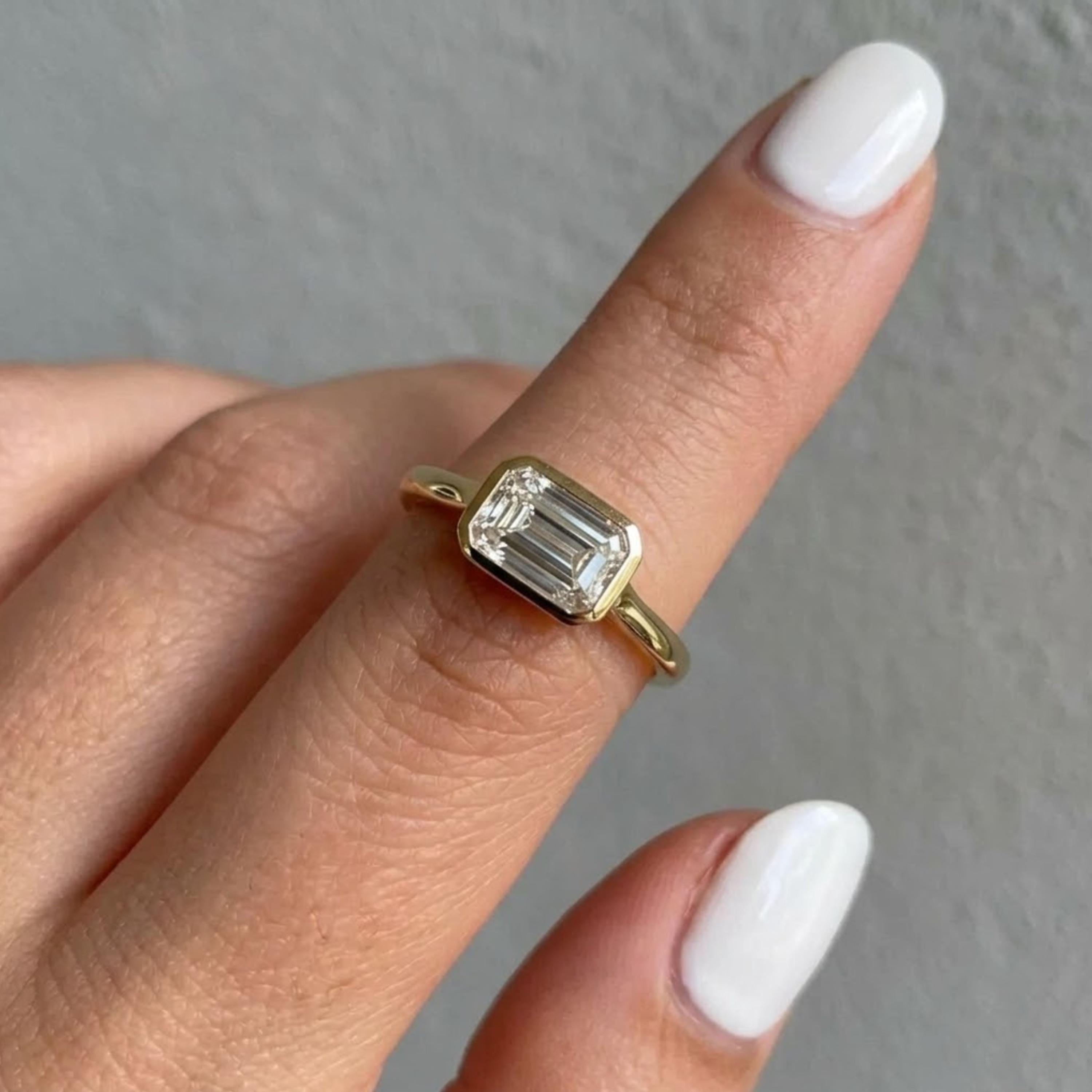 East West Emerald Cut Moissanite Ring, 1.5 CT Solitaire Engagement Ring, Half Bezel Gold Ring, Minimalist Wedding Ring, Promise Ring Gift