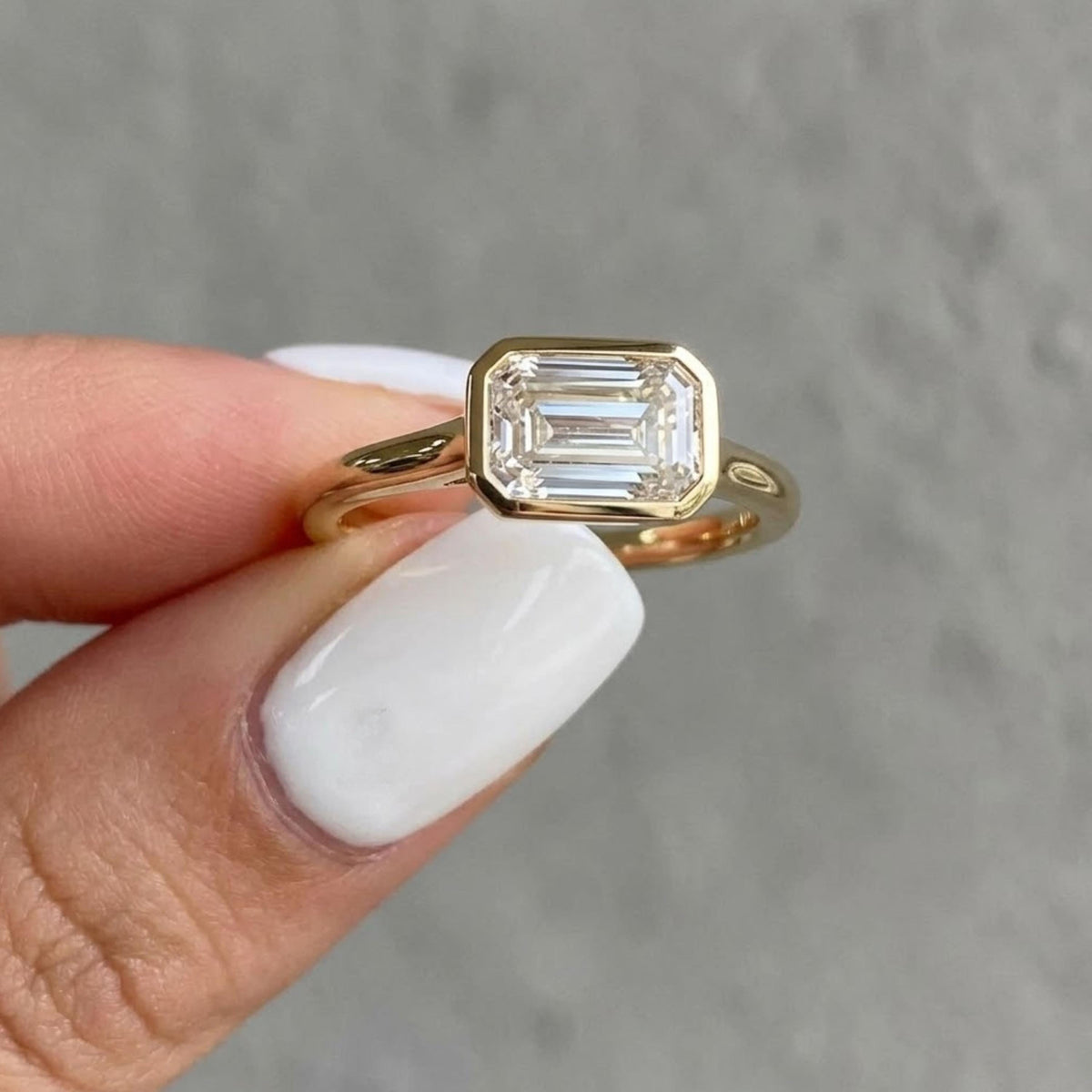 East West Emerald Cut Moissanite Ring, 1.5 CT Solitaire Engagement Ring, Half Bezel Gold Ring, Minimalist Wedding Ring, Promise Ring Gift