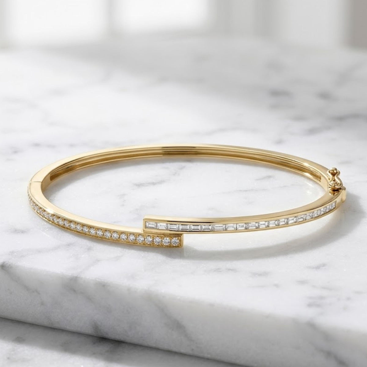 14K Solid Yellow Gold Moissanite Bangle Bracelet, Flush Setting Wedding Cuff Bangle
