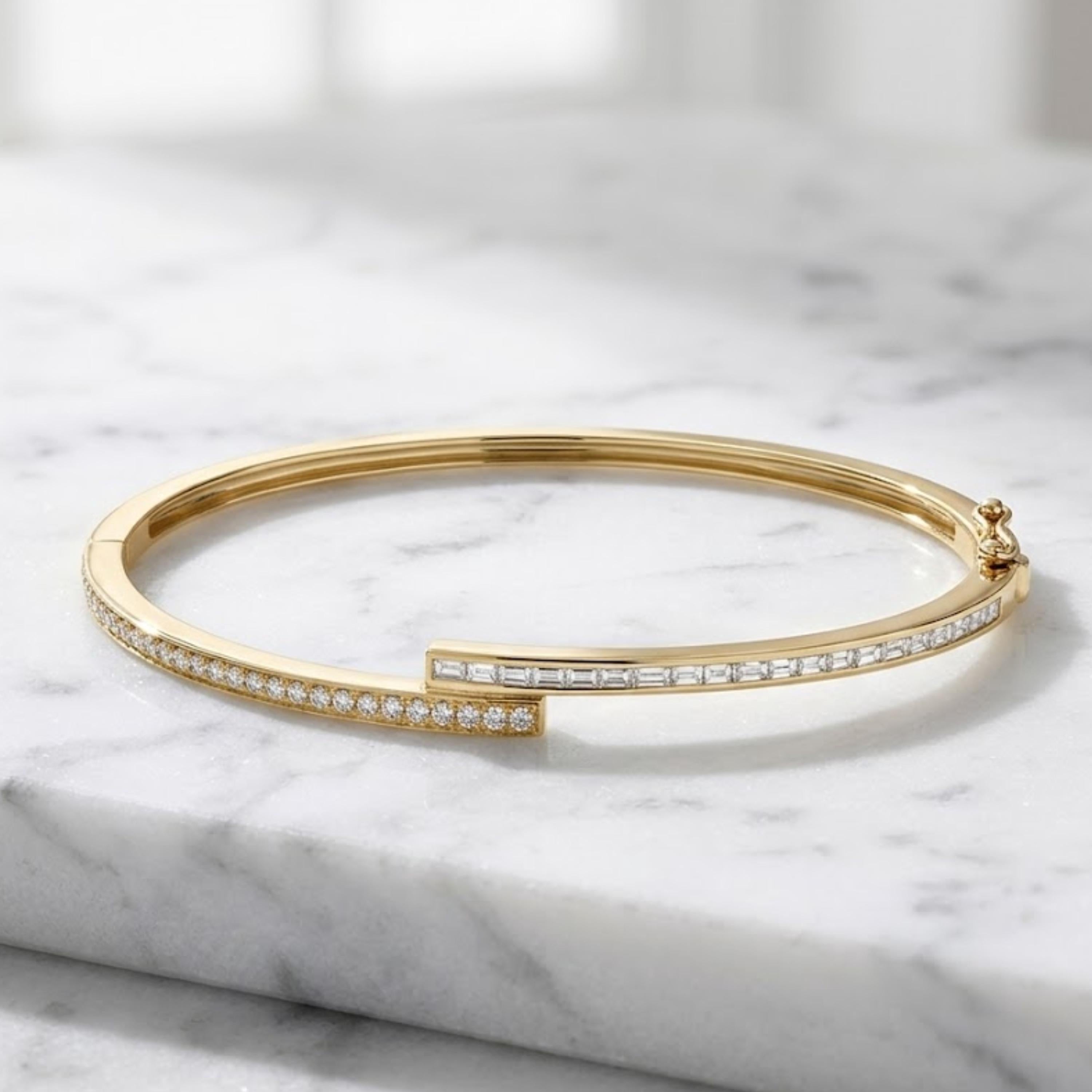 14K Solid Yellow Gold Moissanite Bangle Bracelet, Flush Setting Wedding Cuff Bangle