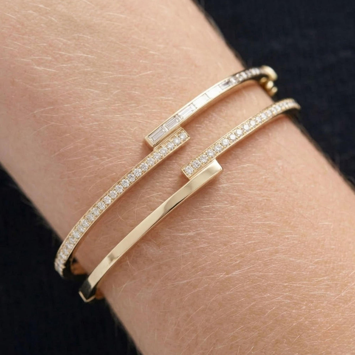 14K Solid Yellow Gold Moissanite Bangle Bracelet, Flush Setting Wedding Cuff Bangle