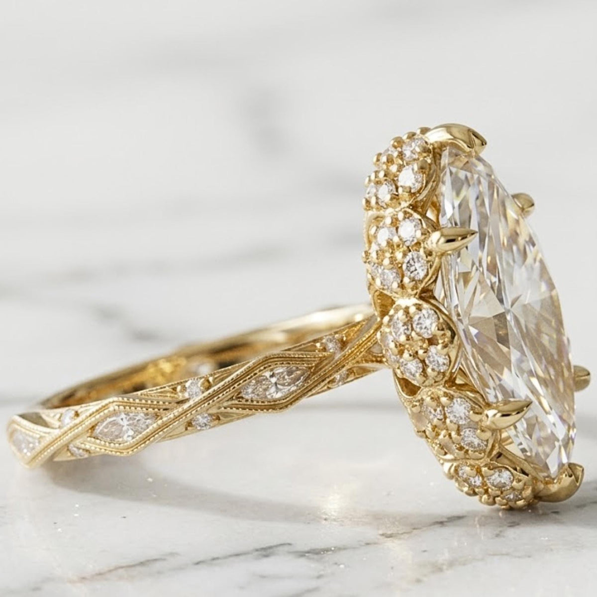 2 CT Marquise Cut Moissanite Engagement Ring, Vintage Art Deco Solid Gold Proposal Ring, Unique Wedding Ring for Her, Anniversary Gift