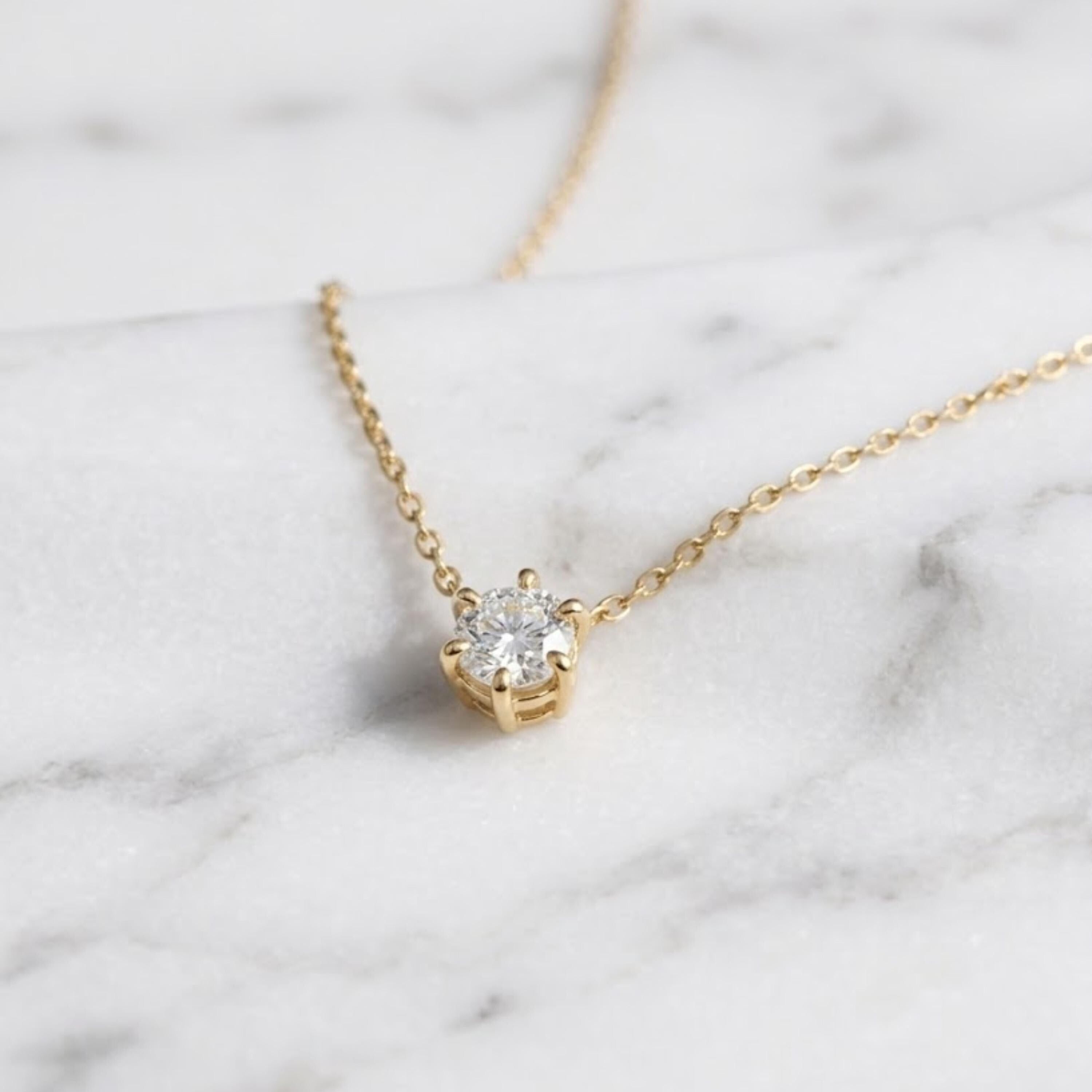 Lab Grown Diamond, 14K Gold Attached Diamond Solitaire Necklace, Beautiful White Diamonds
