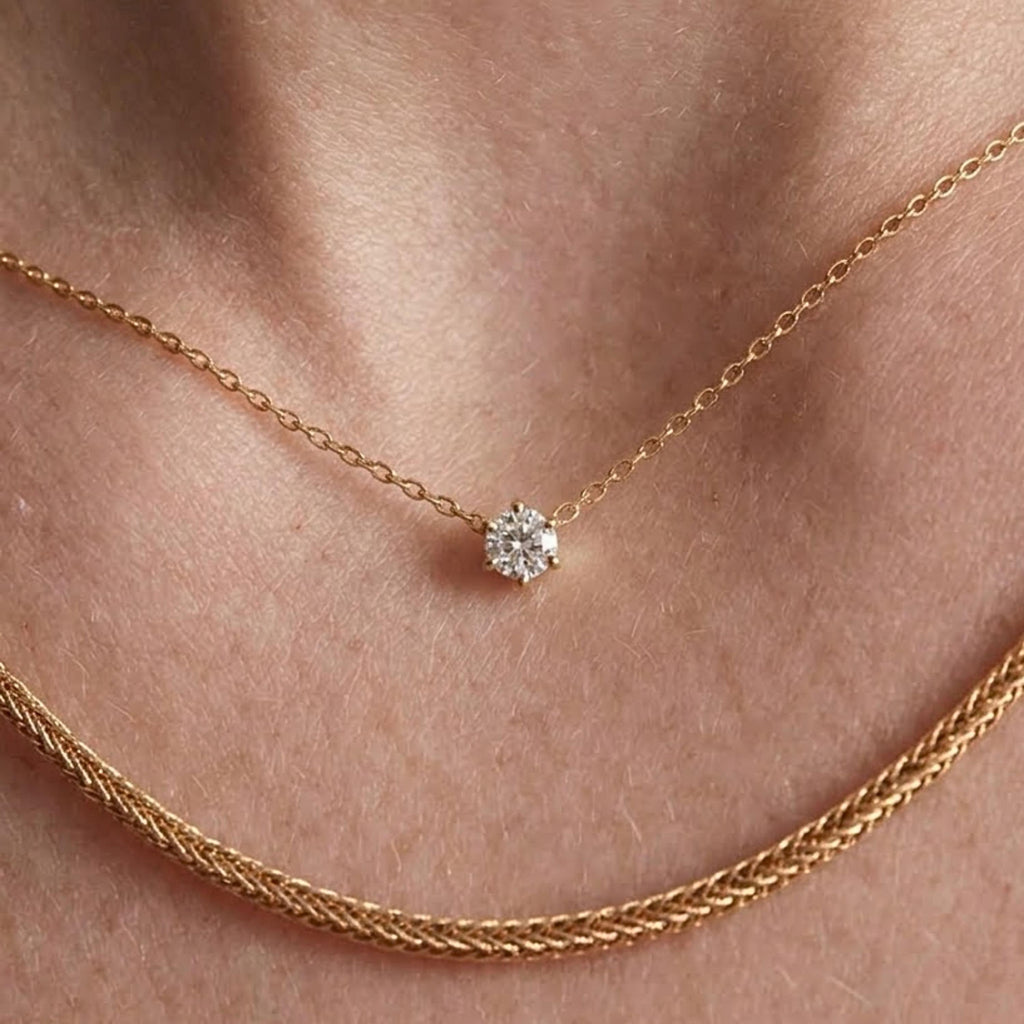 Lab Grown Diamond, 14K Gold Attached Diamond Solitaire Necklace, Beautiful White Diamonds