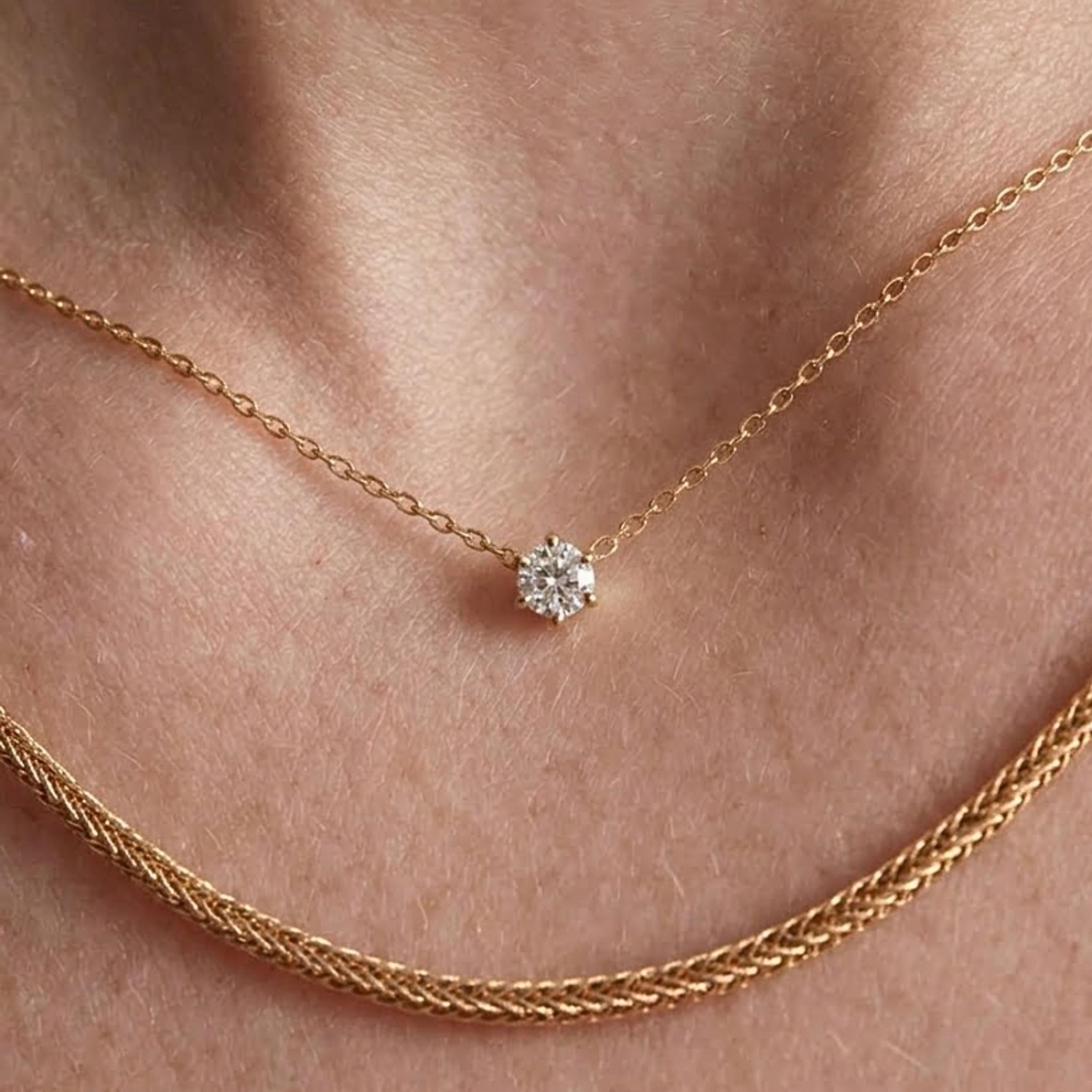 Lab Grown Diamond, 14K Gold Attached Diamond Solitaire Necklace, Beautiful White Diamonds