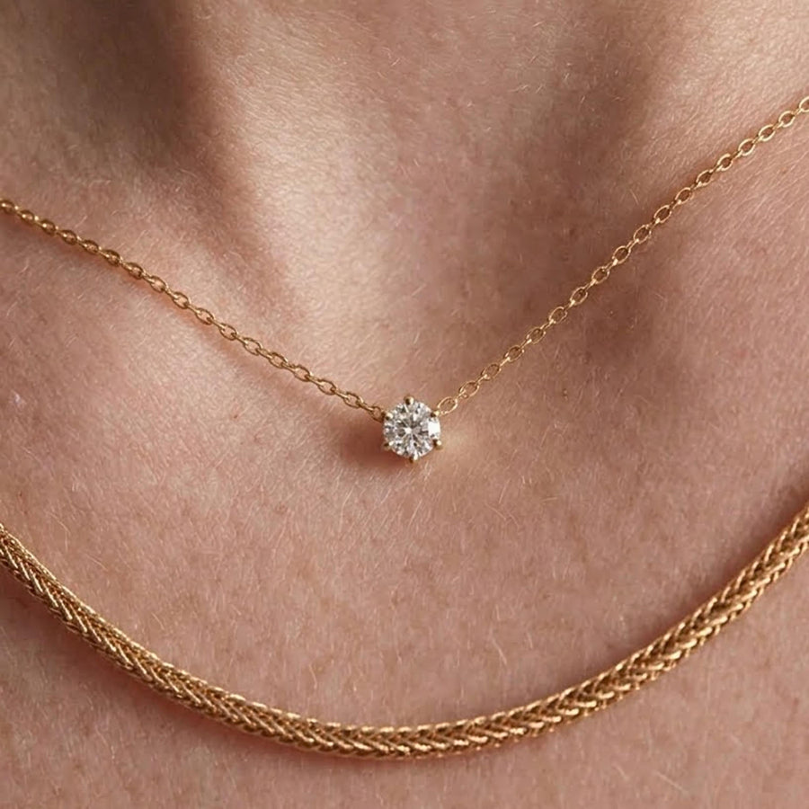 Lab Grown Diamond, 14K Gold Attached Diamond Solitaire Necklace, Beautiful White Diamonds