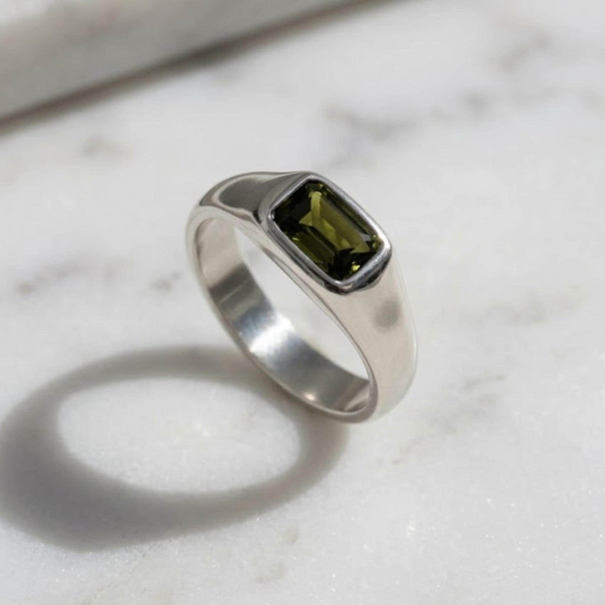 14K Gold Emerald Cut Green Sapphire Mens Teal Sapphire Mens Wedding Band Diamond Moon Star Inner Engraved Band Anniversary Gift For Him