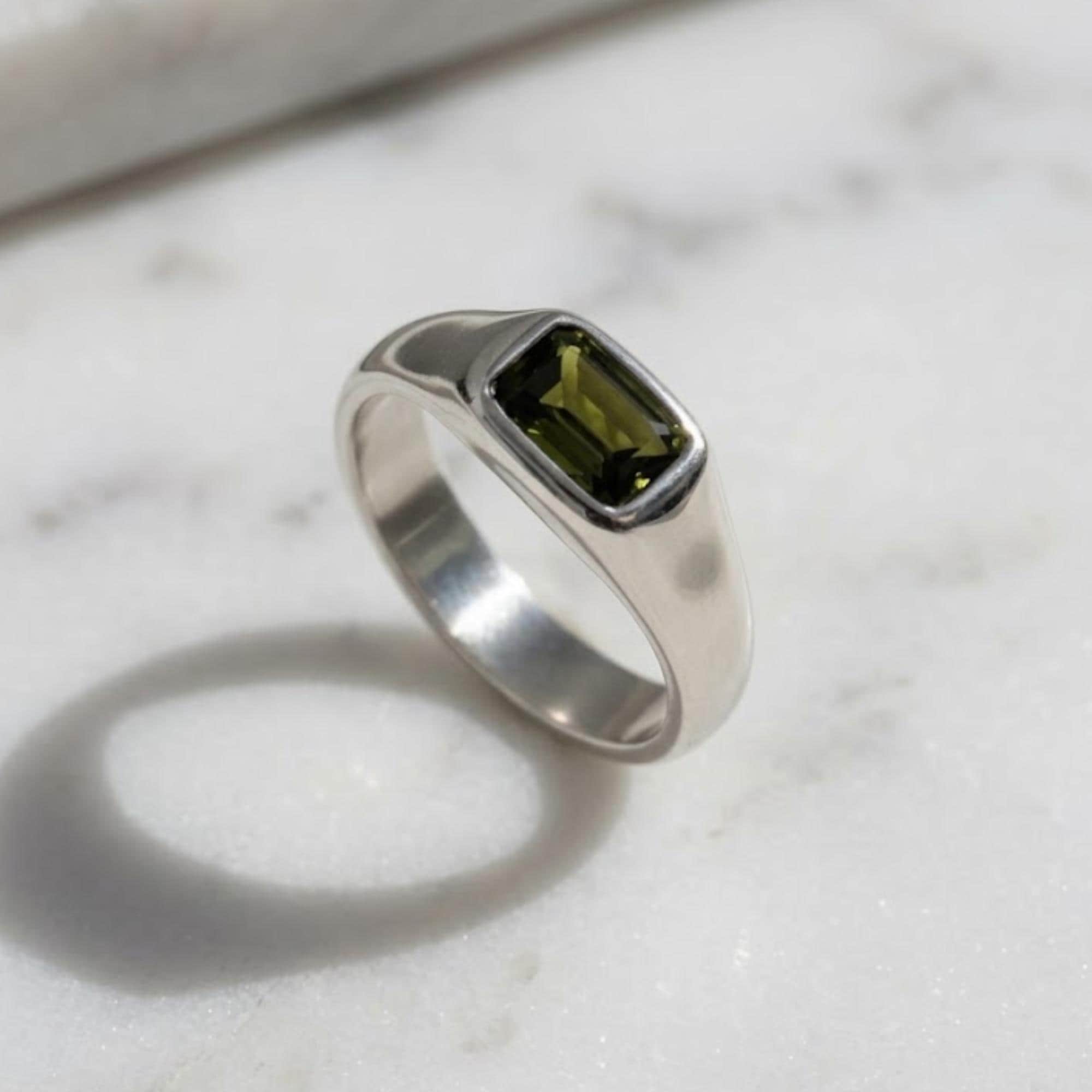 14K Gold Emerald Cut Green Sapphire Mens Teal Sapphire Mens Wedding Band Diamond Moon Star Inner Engraved Band Anniversary Gift For Him