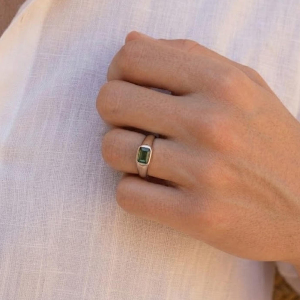 Men's Teal Sapphire Signet Ring, Emerald Cut Green Sapphire Ring, 14K Gold Men's Ring, Modern Wedding Band, Gift For Him