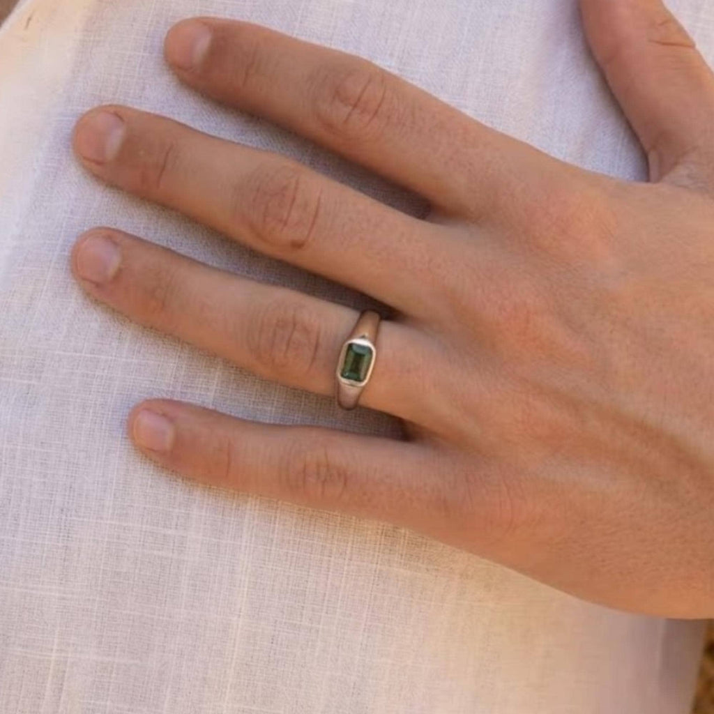 Men's Teal Sapphire Signet Ring, Emerald Cut Green Sapphire Ring, 14K Gold Men's Ring, Modern Wedding Band, Gift For Him