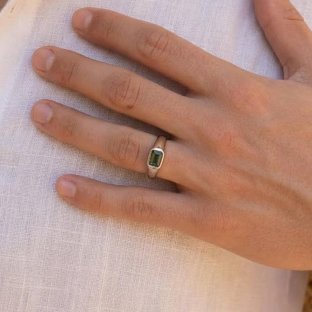 Emerald Cut Green Sapphire Mens Teal Sapphire Mens Wedding Band Diamond Moon Star Inner Engraved Band Anniversary Gift For Him