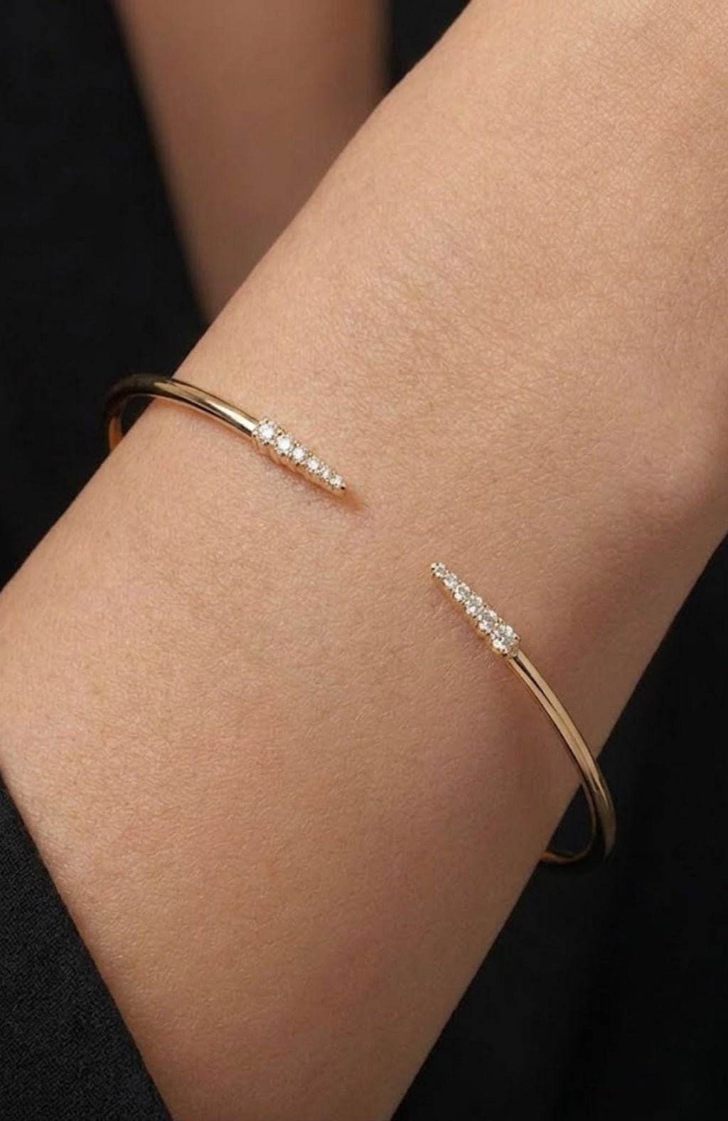 14K Gold Pavé Open Cuff Bracelet - Dainty Diamond Bangle - Minimalist Stackable Bracelet - Thin Cuff for Women, Bridesmaid Gift - Adjustable