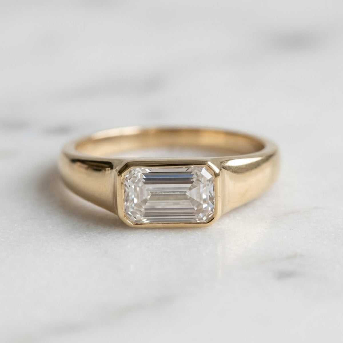 1.50 ctw Emerald Cut Moissanite Signet Ring, 14K Gold Bezel Set Dainty Engagement Ring, Minimalist Stackable Promise Ring, Birthday