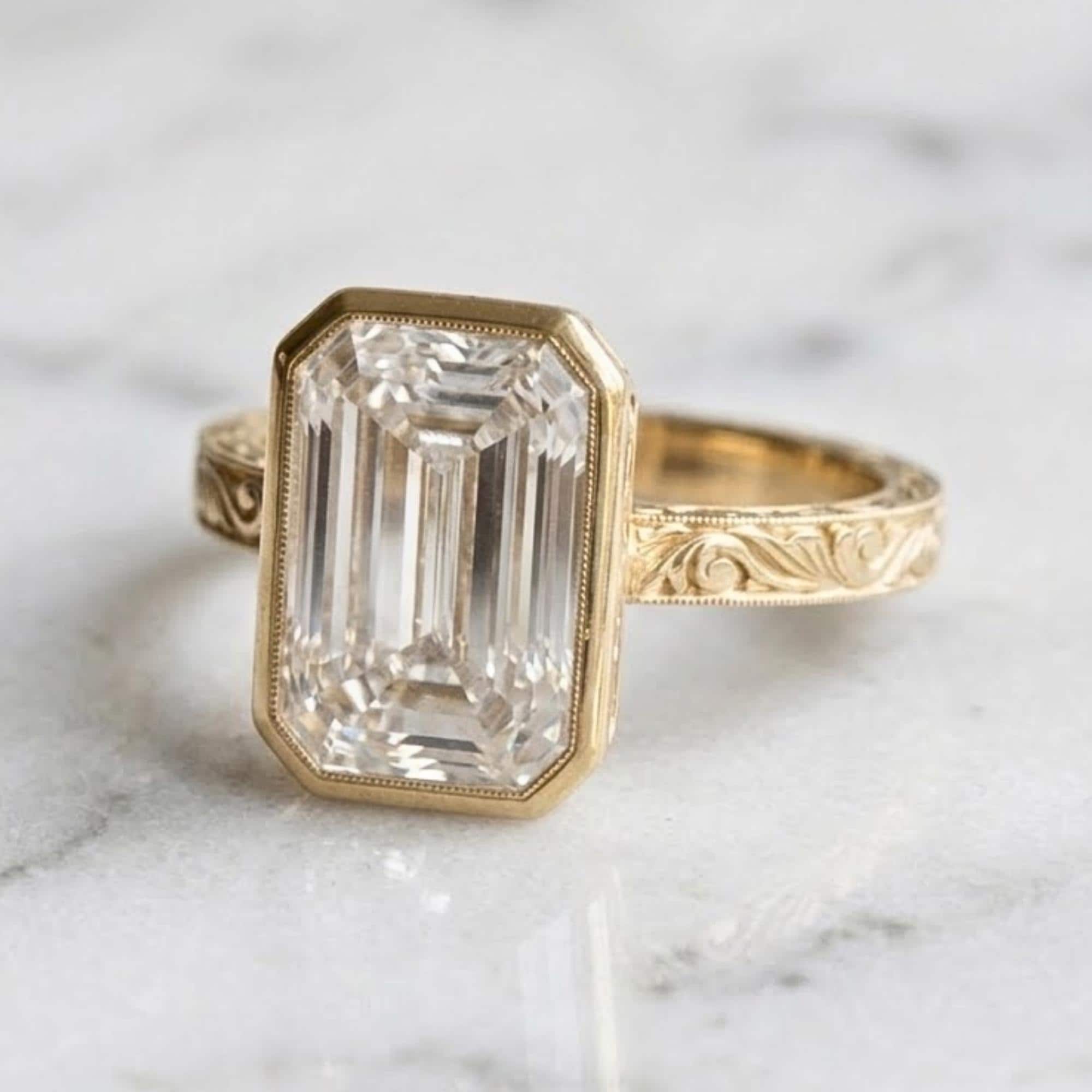 4 Carat Emerald Cut Moissanite Diamond Engagement Ring | 14K Gold Bezel | Bridal Ring | Vintage Ring