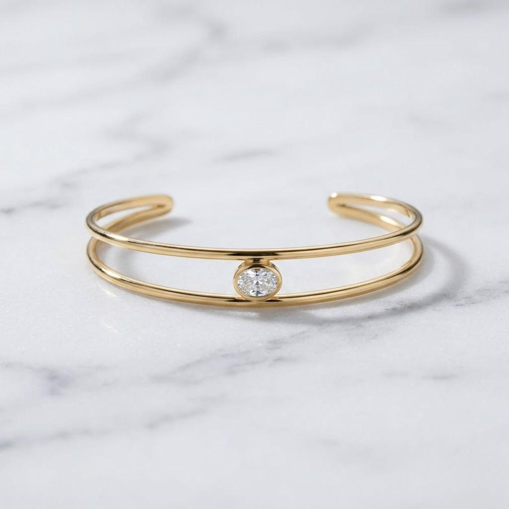 1.50 Ct Moissanite Bangle, 14K Gold Moissanite Bangle, Open Cuff Bangle