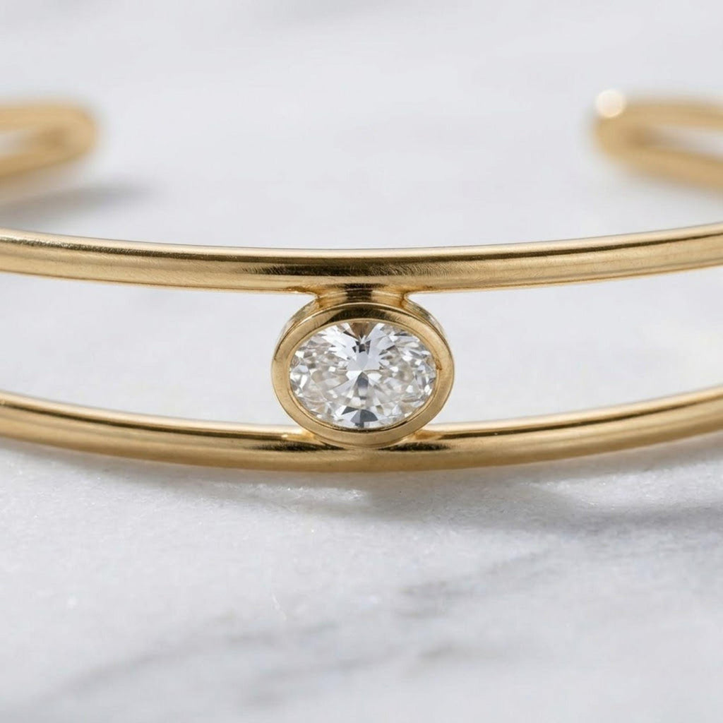 1.50 Ct Moissanite Bangle, 14K Gold Moissanite Bangle, Open Cuff Bangle