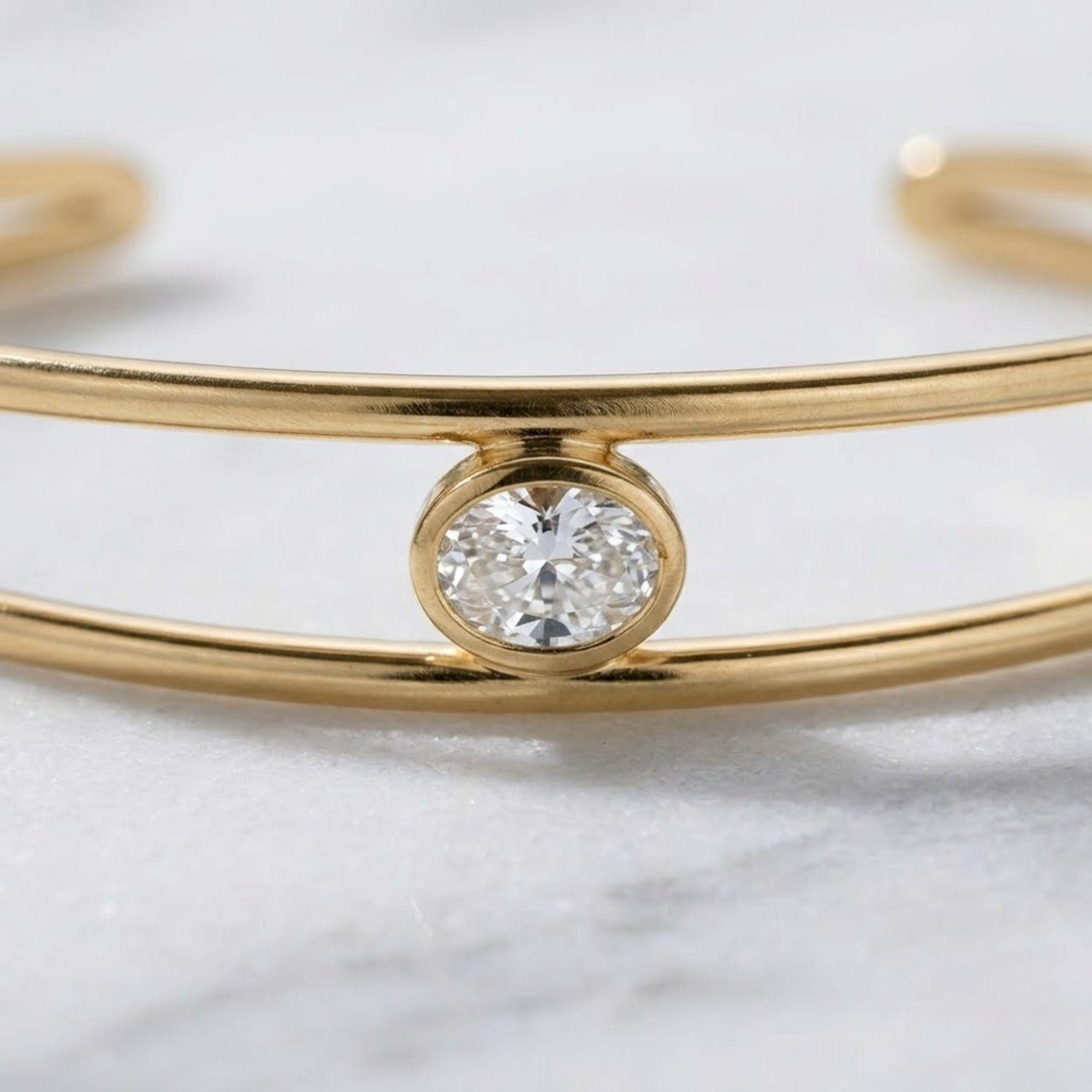 1.50 Ct Moissanite Bangle, 14K Gold Moissanite Bangle, Open Cuff Bangle