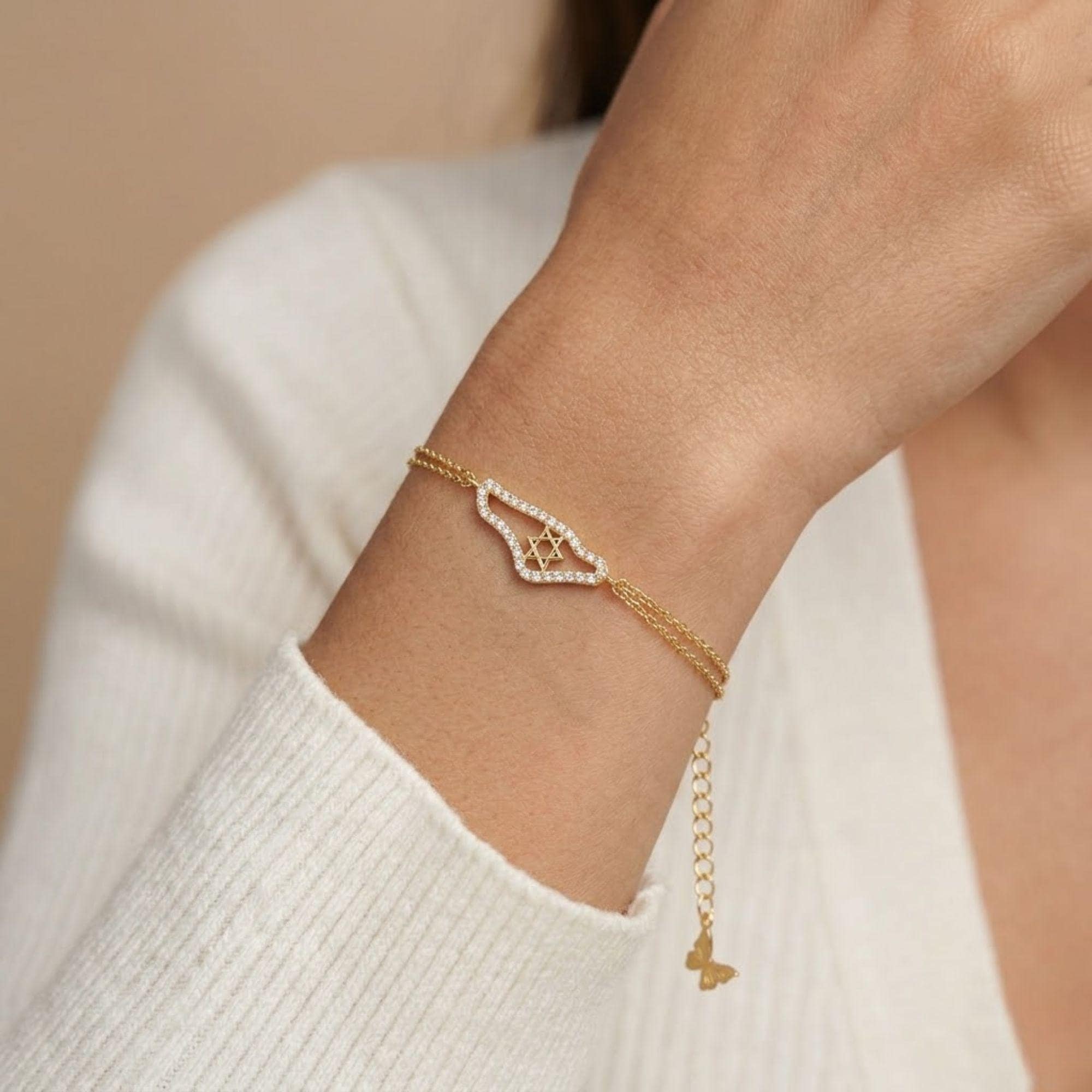 Moissanite Israel Map Bracelet Magen David Bracelet 14K Gold Jewish Star Bracelet Judaica Gift Made in Israel Bracelet Israel Jewelry Jewish