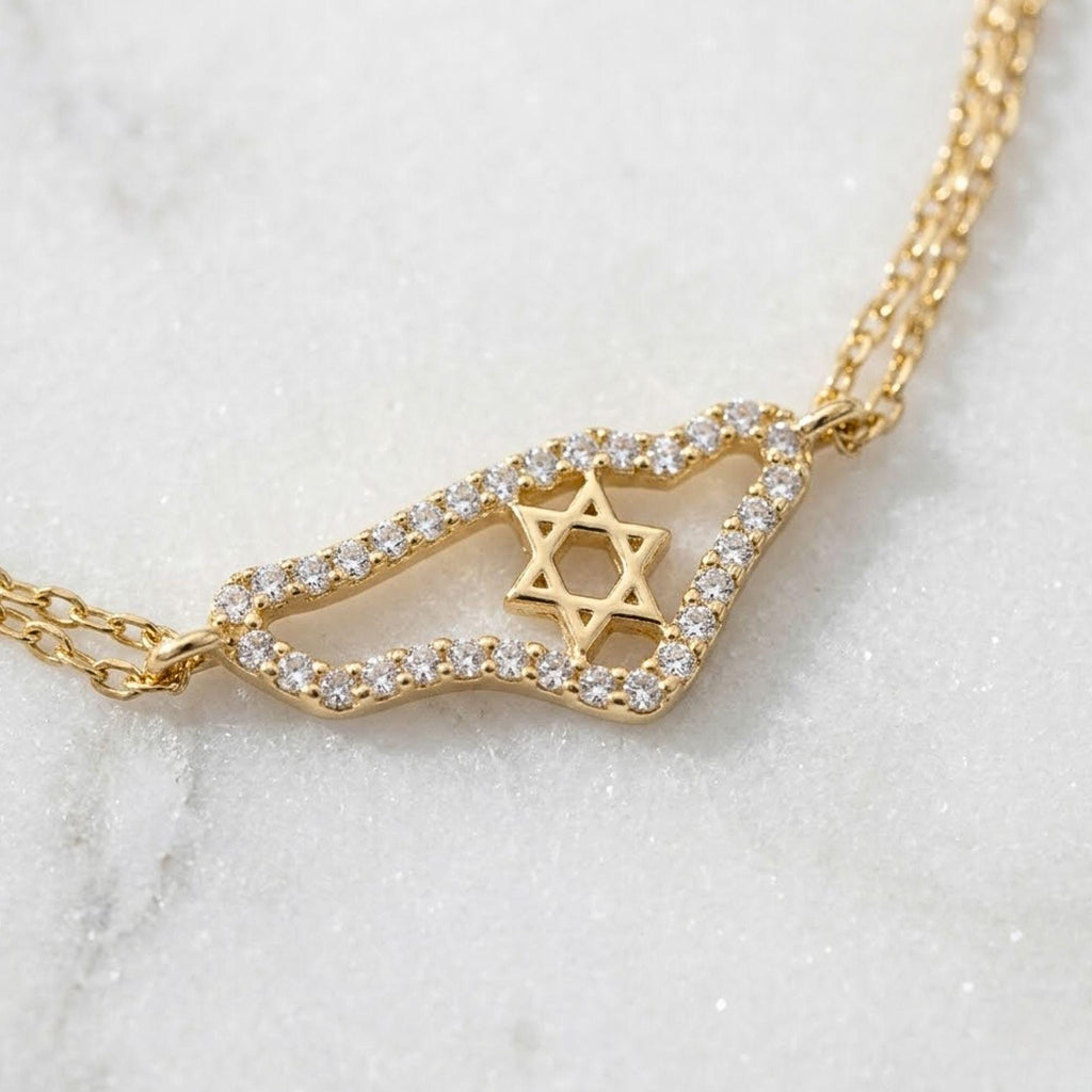 Moissanite Israel Map Bracelet Magen David Bracelet 14K Gold Jewish Star Bracelet Judaica Gift Made in Israel Bracelet Israel Jewelry Jewish