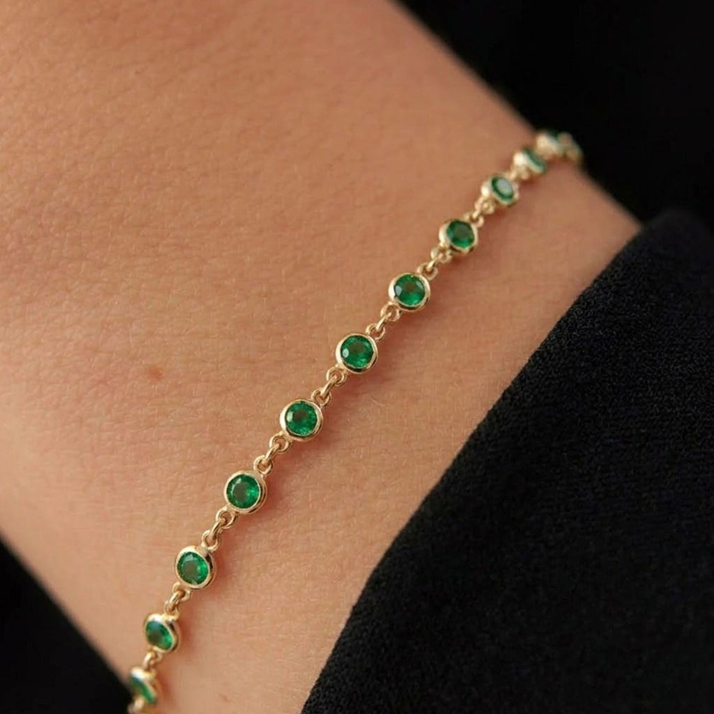 Emerald Bracelet / 14k Gold Bezel Set Emerald Tennis Bracelet/ Multi stone Emerald Layering Bracelet / Birthday Gift