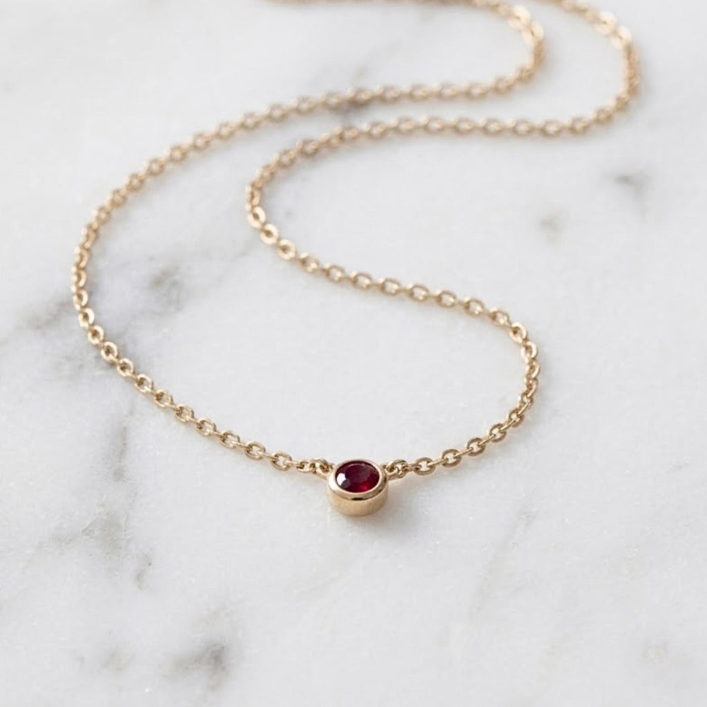 Round Bezel Rubby Necklace, Adjustable Chain for Layering or Everyday Wear, Minimalist Design