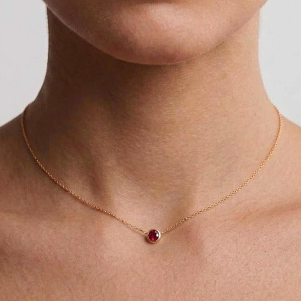 Round Bezel Rubby Necklace, Adjustable Chain for Layering or Everyday Wear, Minimalist Design