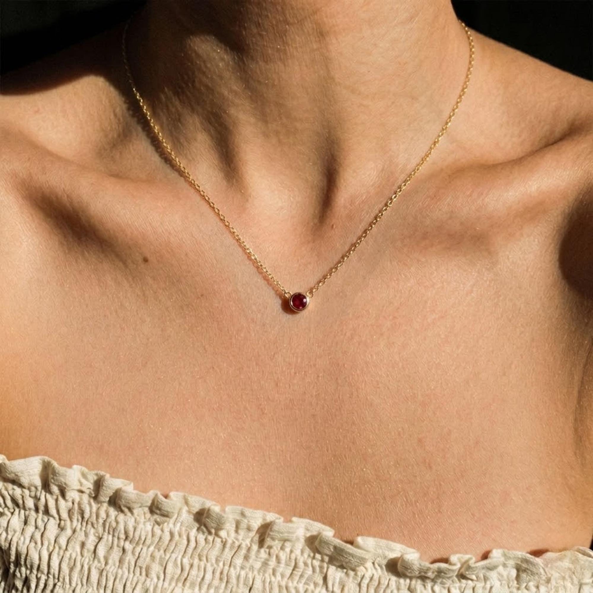 Round Bezel Rubby Necklace, Adjustable Chain for Layering or Everyday Wear, Minimalist Design