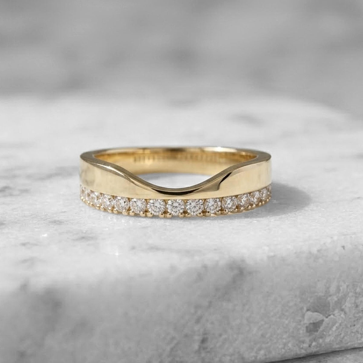 Moissanite Pave Wedding Band: 14k Gold Half Eternity Ring