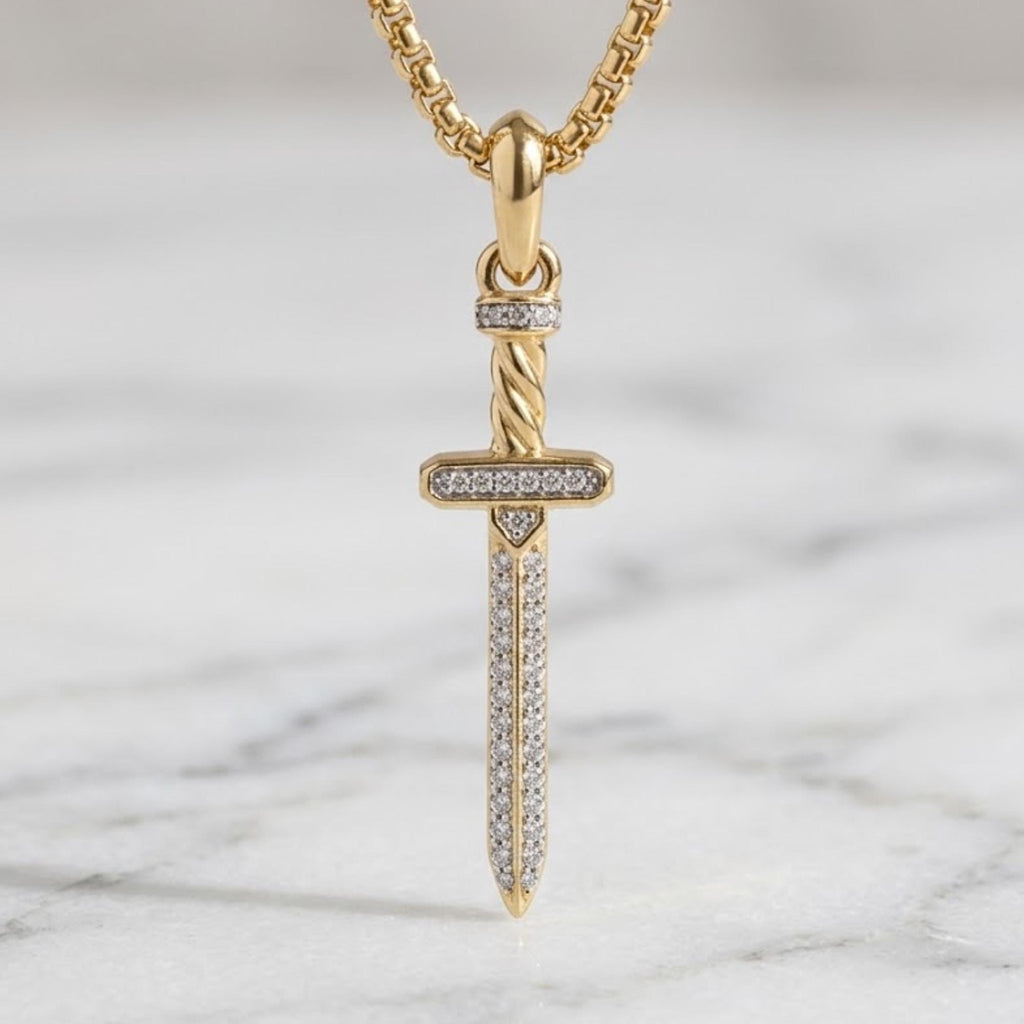 Sword Charm Necklace, 14K Gold Sword Necklace, Moissanite Pendant Necklace, Sword Necklace for men, Sterling Silver Sword Pendant
