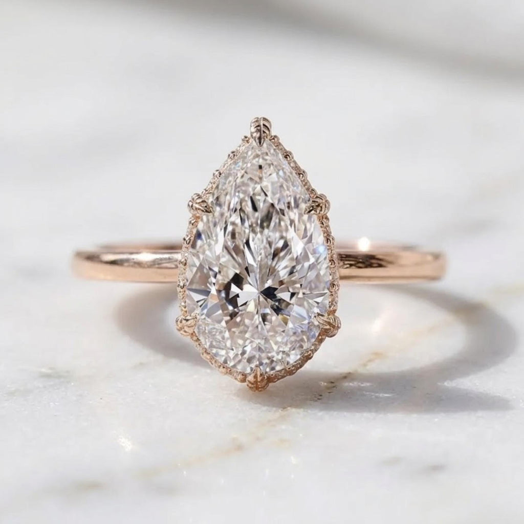 Hidden Halo Pear Engagement Ring, Pear Cut Moissanite Wedding Ring, Leaf Prong Setting Nature Inspired Ring, Anniversary Gift Ring